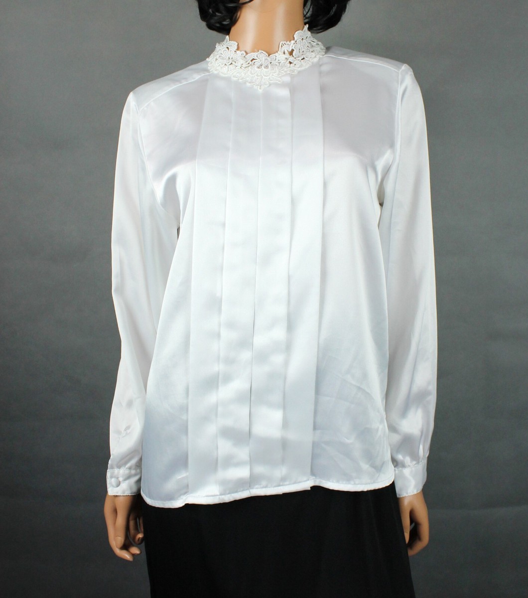 White Satin Blouse Sz 8 M Vintage 80s High Lace Turtleneck Collar