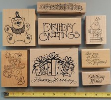 BIRTHDAY Mix. Lot of 8 Wood Mounted Rubber Stamps. Scrapbooks & Cards. RETIRED.