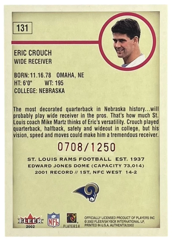 2002 Fleer Authentix #131 Eric Crouch RC St. Louis Rams /1250 - Image 2 of 2