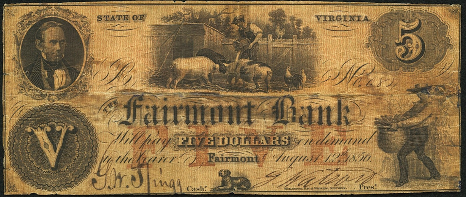 VA $5 The FAIRMONT Bank (West) Virginia August 12, 1856 Haxby VA-70 A5 ...