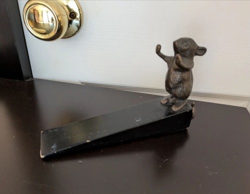 Vintage Brass Mouse Door Stopper with Black Wood Wedge Base Decorative Heavy