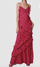 LoveShackFancy Rialto Cheery Red Plaid Metallic Ruffle Maxi Dress 4 NWT $765