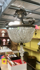 RARE ANCIEN GRAND LUSTRE  SUSPENSION  BRONZE ET PAMPILLES EN BEL ETAT