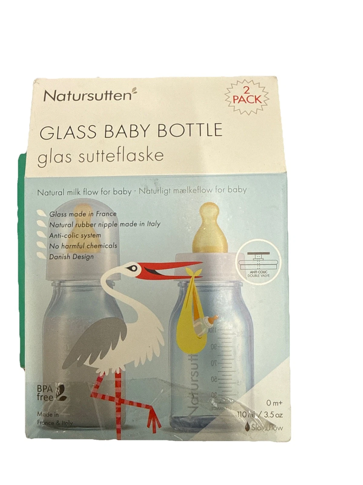 Anti-Colic Glass Baby Bottle 2-Pack - 4 Ounce Bottles for Breastfeeding Babie...