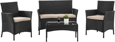 Wisteria 4-Piece Wicker Rattan Outdoor Conservation Set, Glass Top Coffee Table,