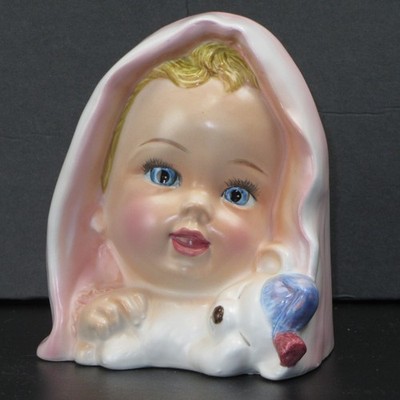 Baby Girl Head Vase with Teddy Bear Enesco Nursery Planter Decor Pink Blanket