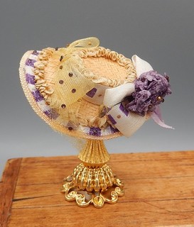Cappello di paglia vittoriano Susan Harmon Forget Me Not casa delle bambole artigianale miniatura 1:12