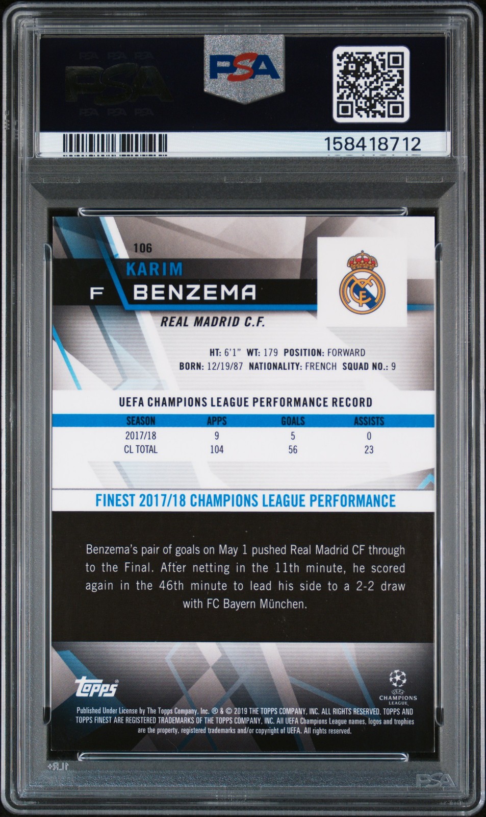 2018 TOPPS FINEST CHAMPIONS LEAGUE SUPERFRACTOR 1/1 #106 KARIM BENZEMA 1/1 PSA 9 view 2