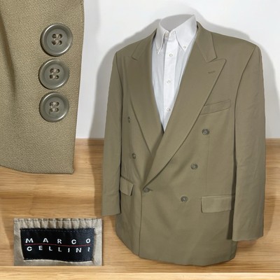 Marco Cellini Blalzer Jacket Mens 46L Beige Solid Wool Double Breasted Peak