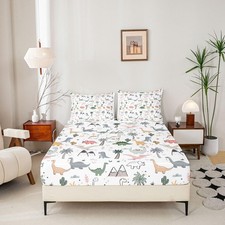 Cartoon Dinosaur Fitted Sheet Set Full Size for Kids Girls Boys Cute Dino Dec...