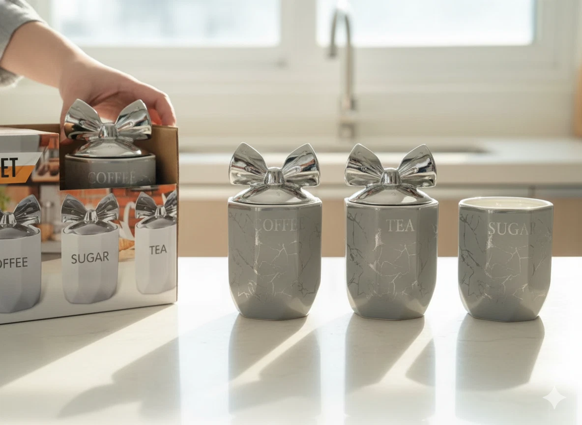 TEA COFFEE SUGAR CANISTER JAR SET GREY CHROME BOW SILVER PATTERN STORAGE GIFT