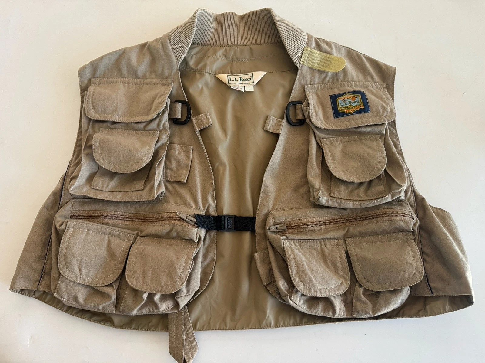 Vintage L.L. Bean Rangeley Guide Fly Fishing Vest L Tan Canvas USA Rib Collar