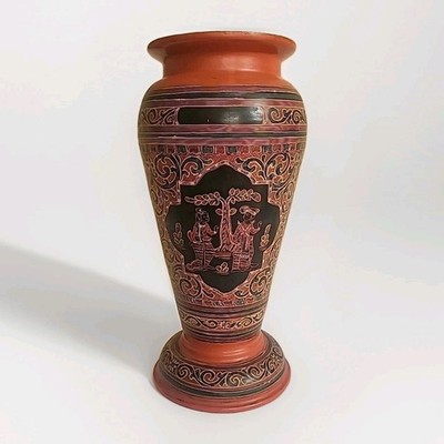 Vintage Laquer On Wood Vase From Burma, Hand Crafted Etching And Painting