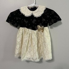 Vintage Girls Black Cream Lace Short Sleeve Gold Bow 4T Made In USA Dress