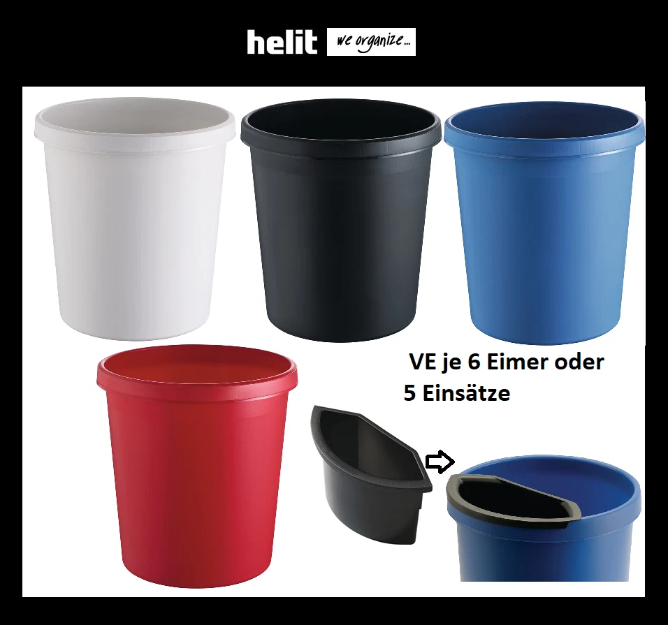6 Stück Helit Papierkörbe 18 Liter m.Griffrand/verschiedene Farben oder Einsätze
