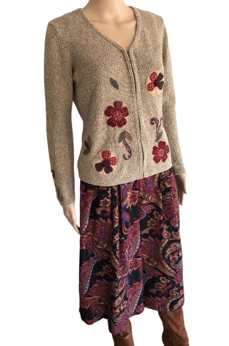 VTG 90s Silk Blend Zip Cardigan PM Floral Applique Crazy