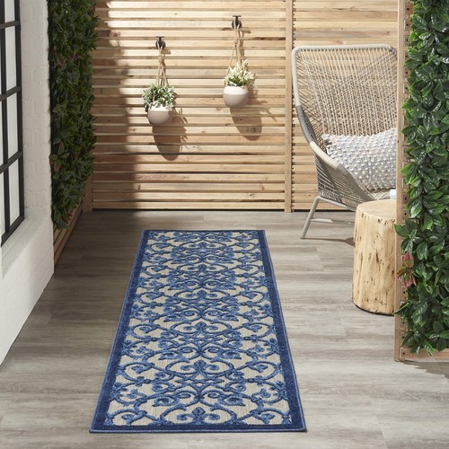 Nourison Aloha Indoor/Outdoor Grey/Blue 2'3" x 10' Area Rug Transitional - Picture 2 of 8