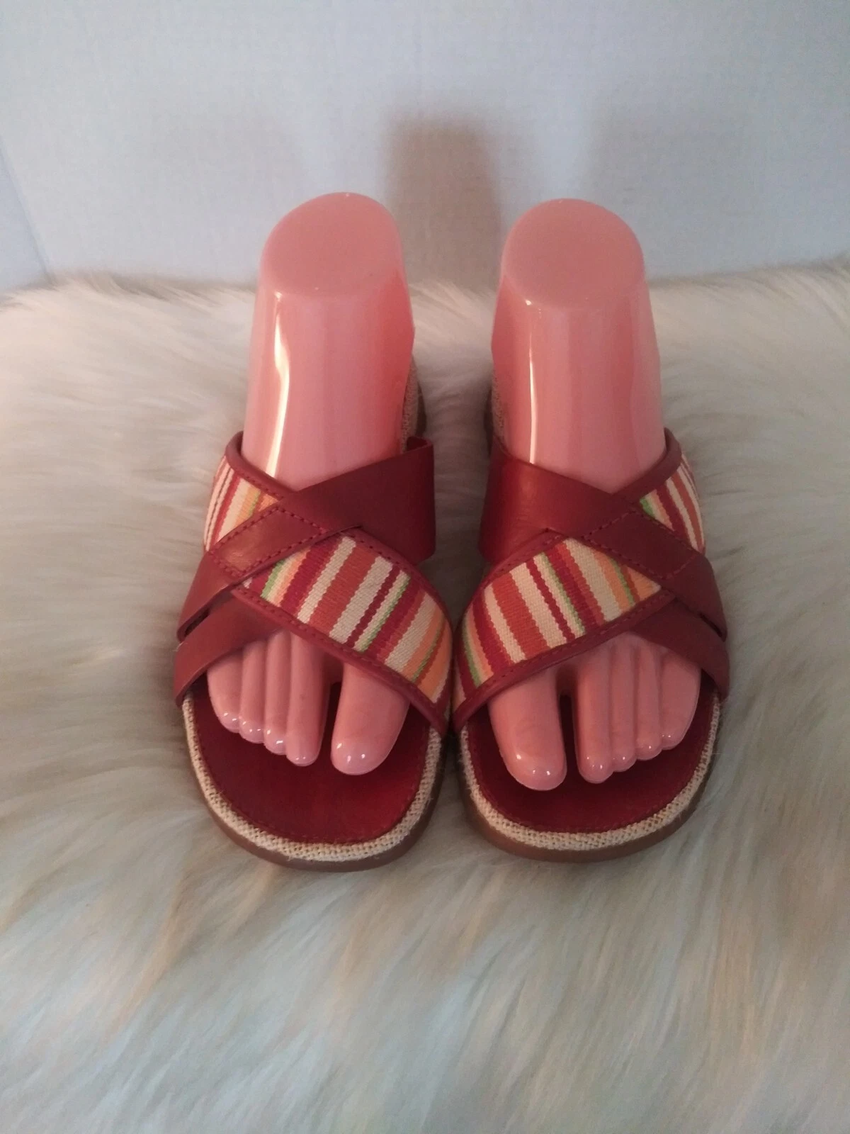 Sandali Timberland donna taglia 7 slip on rossi a righe tela pelle punta aperta