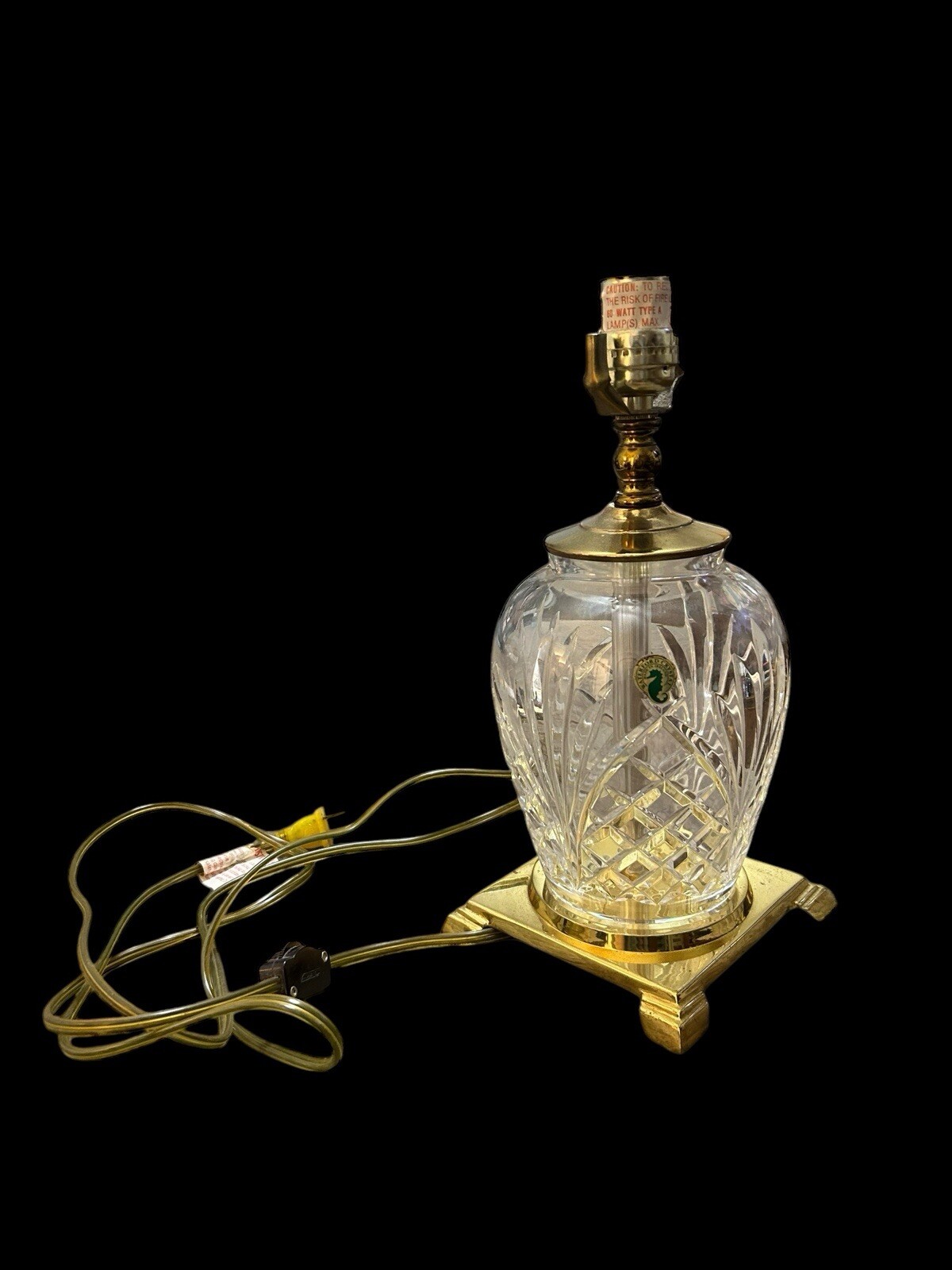Vtg Waterford Avery Table Lamp 12” Etched Crystal Gold Base No Shade Or Harp