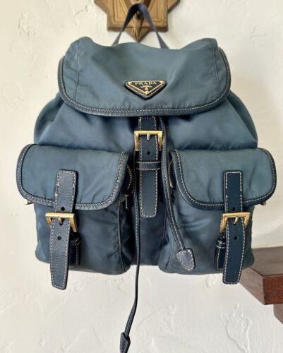 Prada Tessuto  Blue Nylon Double Zip Pocket Backpack - Picture 1 of 11