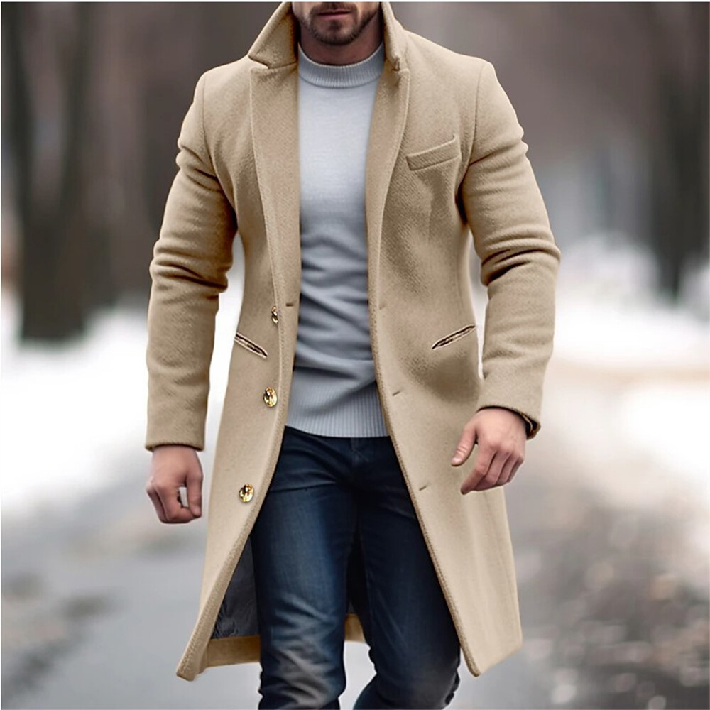 Men's Wool Blend Trench Coat Winter Warm Slim Fit Single