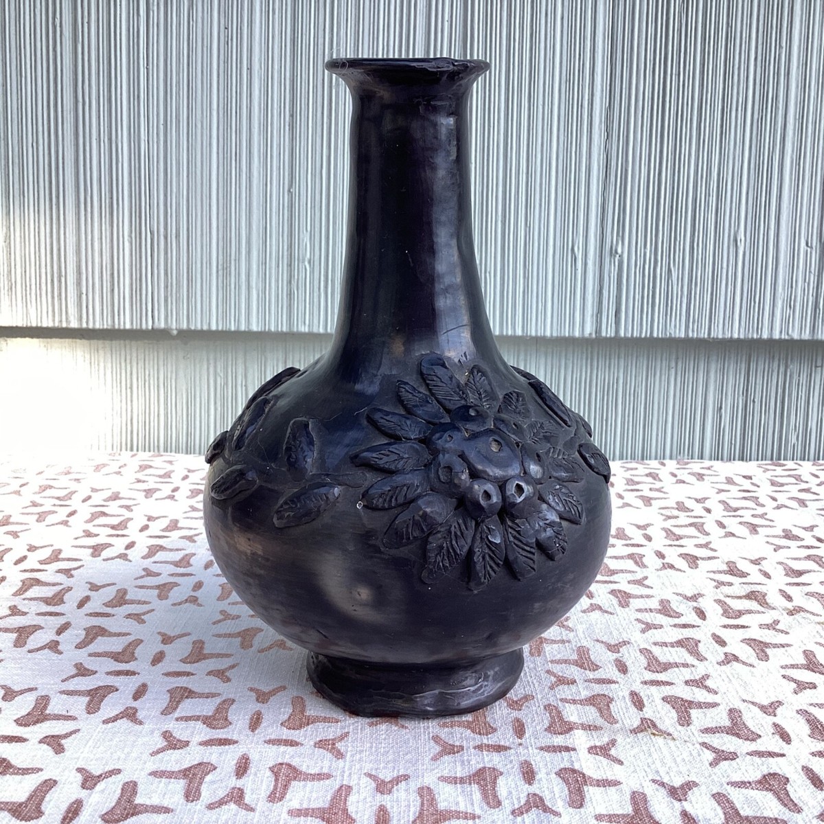 Vintage Dona Rosa 7.5” vase. Hand Carved Black Pottery. Oaxaca