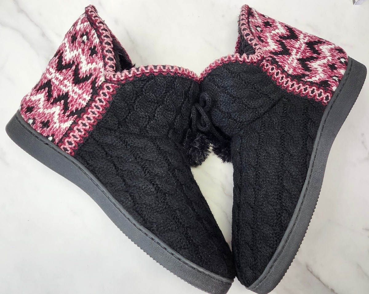 Muk Luks Faux Fur Boots Slipper Womens Sz L 9-10 Black Knit Lined