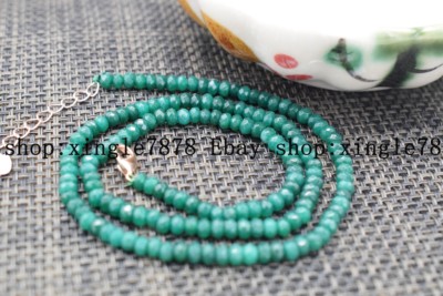 7 Rows Faceted Green Jade Rondelle Bead Necklace - 17-23" Adjustable, Silver Plated