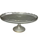 Vintage Jeanette Clear Glass Pedestal Cake Stand Lyre Harp Gold Trim