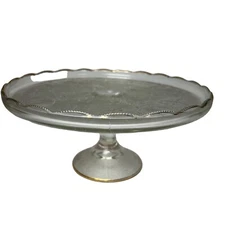 Vintage Jeanette Clear Glass Pedestal Cake Stand Lyre Harp Gold Trim