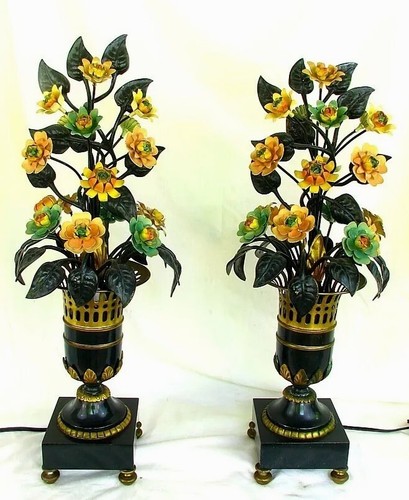 EMPIRE TOLE FLOWER LAMPS  ANTIQUE  SPECTACULAR c.1920'S - Picture 1 of 9