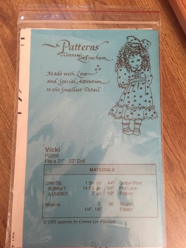 Doll Pattern By Connie Lee Finchum Vicki Dress Bonnet Undies For A 21"-22" Doll - Picture 2 of 2