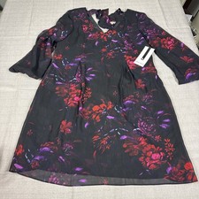 Nine West Women's Medium Dress Black Ruby Red Floral Rose V-Neck Long Sleev NWT