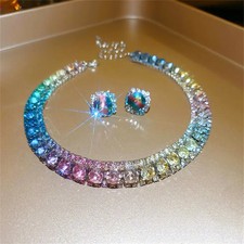 Crystal Necklace Earrings Pink Purple Geometric Style Women Jewelry Set
