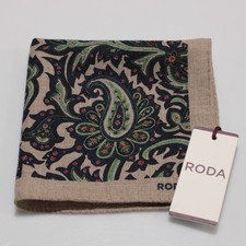 Roda NWT 100 Wool Pocket Square In Beige with Green Paisley Print
