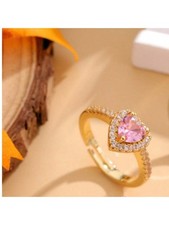 Gold Powder Heart Ring With Pink Cubic Zirconia Halo For Women One Size