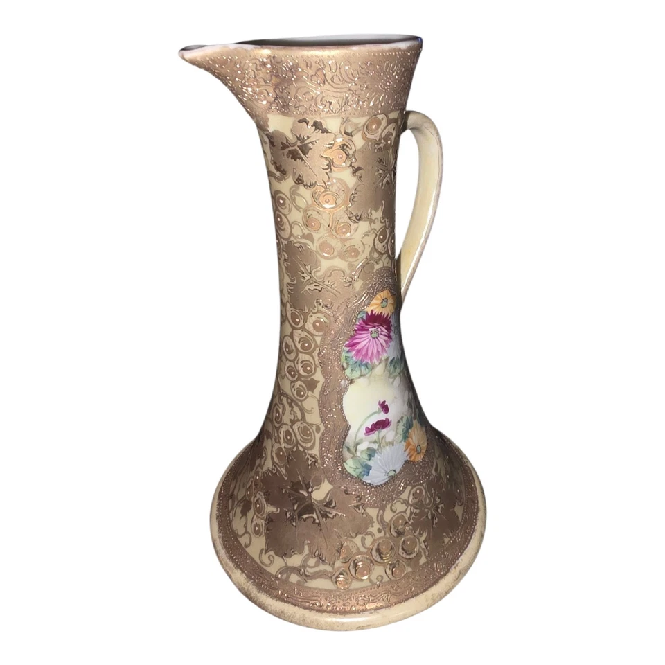 Jarrón antiguo japonés Moriage Ewer pintado a mano dorado con cuentas florales rosa Foto 2 de 4