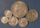LOT 6 US SILVER COINS 1921 MORGAN SILVER DOLLAR 1937 HALF $ 2 QUARTERS ETC