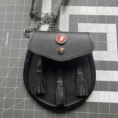 Scottish Sporran Kilt Bag Chain Belt Embossed Top Quality Leather Black USMC