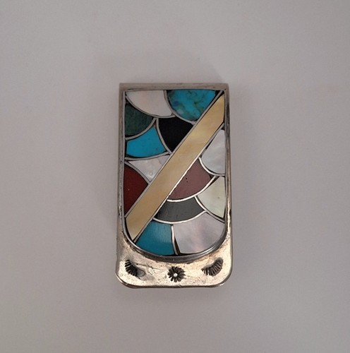 Zuni Silver Inlay Money Clip Fish Scale Design Sterling Turquoise Coral Jet - Picture 1 of 15