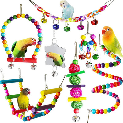 Colorful 7-Piece Parrot Toy Set - Swing, Bridge, Balls & Bells for Birds