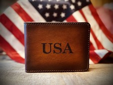 USA / 45-47 Theme Premium Engraved Leather Bifold Wallet / Brown / Made In USA