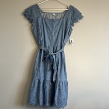 NWT Old Navy Denim Embroidered Mini Dress Cap Sleeve Square Neck Sz M Button Up