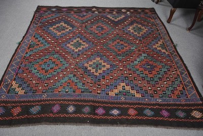 Turkish Rug, 6,8x7 ft Large Rug, Blue Floral Wool Vintage Rug