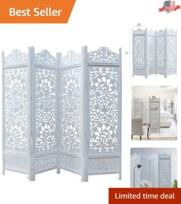 Antique White Folding Wood Room Divider - Portable 4 Panel Privacy Screen 72''H