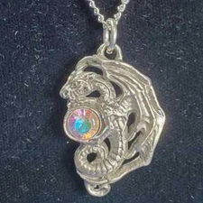 Dragon Pendant Necklace Furled Wings Pewter US Made *NEW*