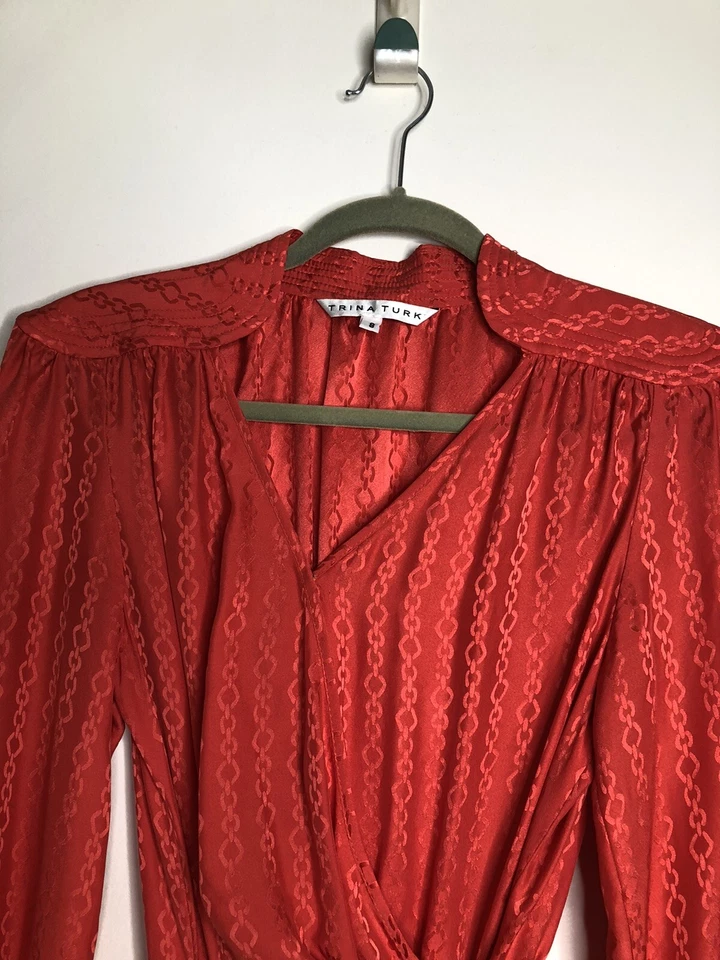 Vestido Vintage Trina Turk Fresa Rosa Coral Caliente Talla 8 Seda Con Mangas Largas Foto 4 de 4