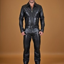 Tuta uomo vera pelle nera biker tuta intera body moto
