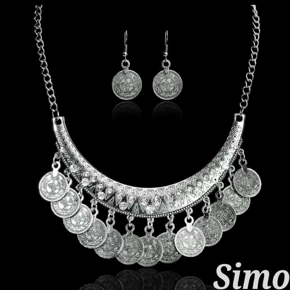 COLLANA DONNA LUNGA ARGENTO BOEMIA BOHO ORECCHINI MONILE PENDENTE ZIRCONI ETNICA - Immagine 2 di 3