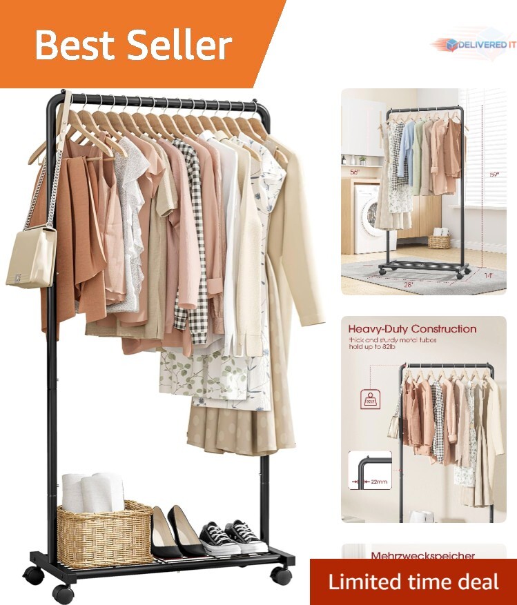 Clothes Rack Heavy-Duty Metal with Mesh Shelf Casters Garment Storage Organizer-image